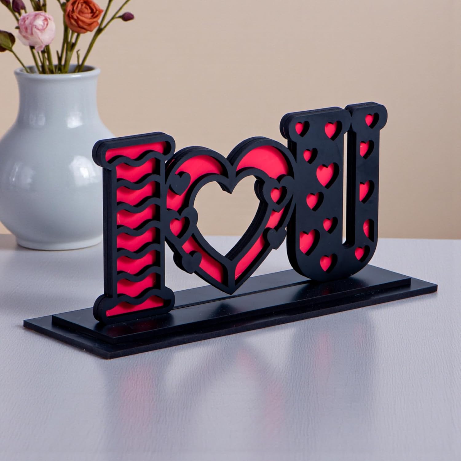I Love You Tabletop Standy | Dual Layered Engineered MDF Decorative Showpiece | Romantic Heart Letter Desk & Table Decor | Gift for Valentine, Anniversary & Birthday