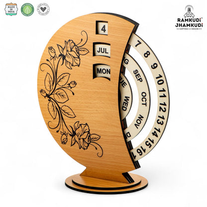 Ramkudi Jhamkudi Wooden Perpetual Calendar for Desk | Floral Print Design | Made in India | Reusable Lifetime Table Calendar for Office, Home, Study, Gifting | Minimal Aesthetic Decor Piece (STYLE C)
