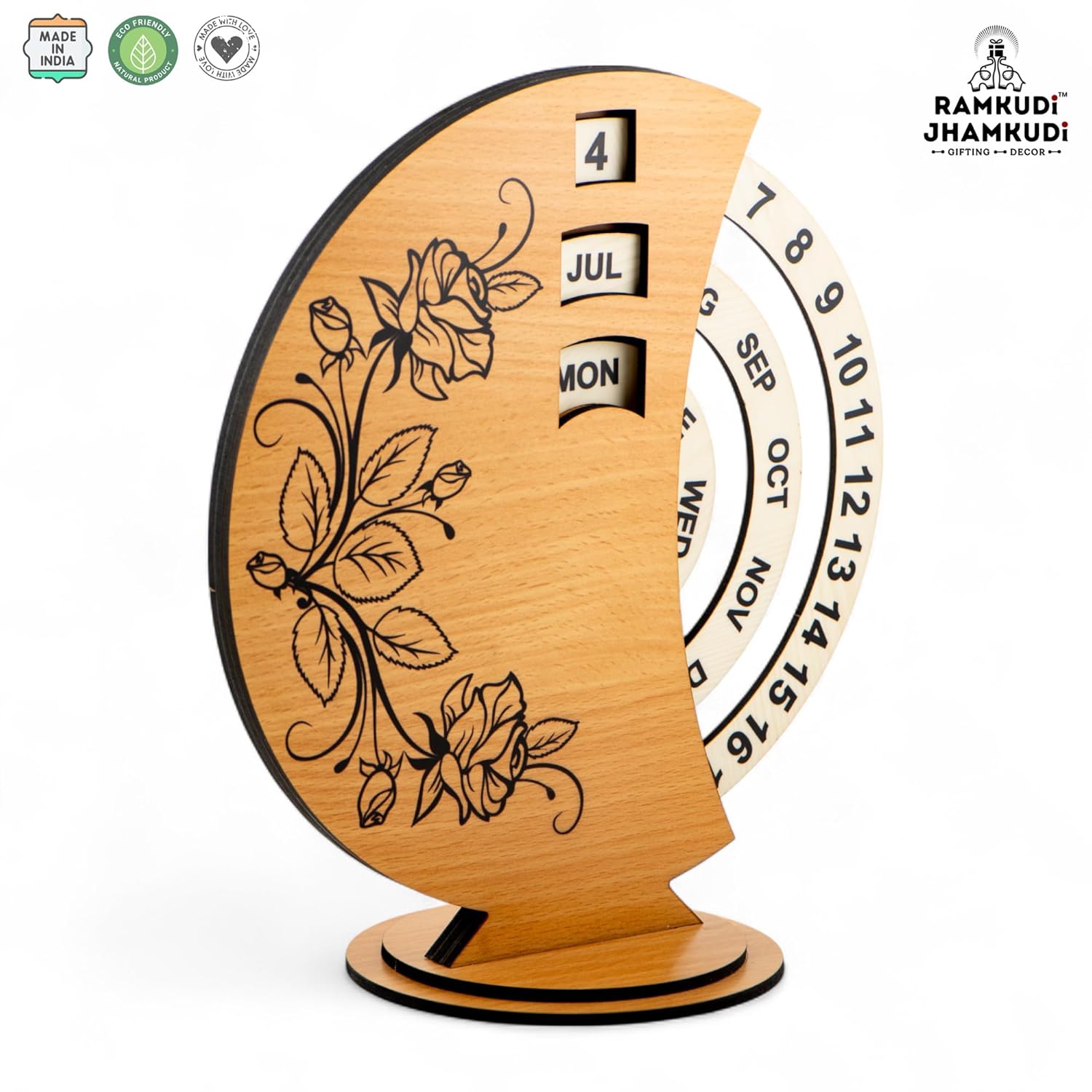 Ramkudi Jhamkudi Wooden Perpetual Calendar for Desk | Floral Print Design | Made in India | Reusable Lifetime Table Calendar for Office, Home, Study, Gifting | Minimal Aesthetic Decor Piece (STYLE C)