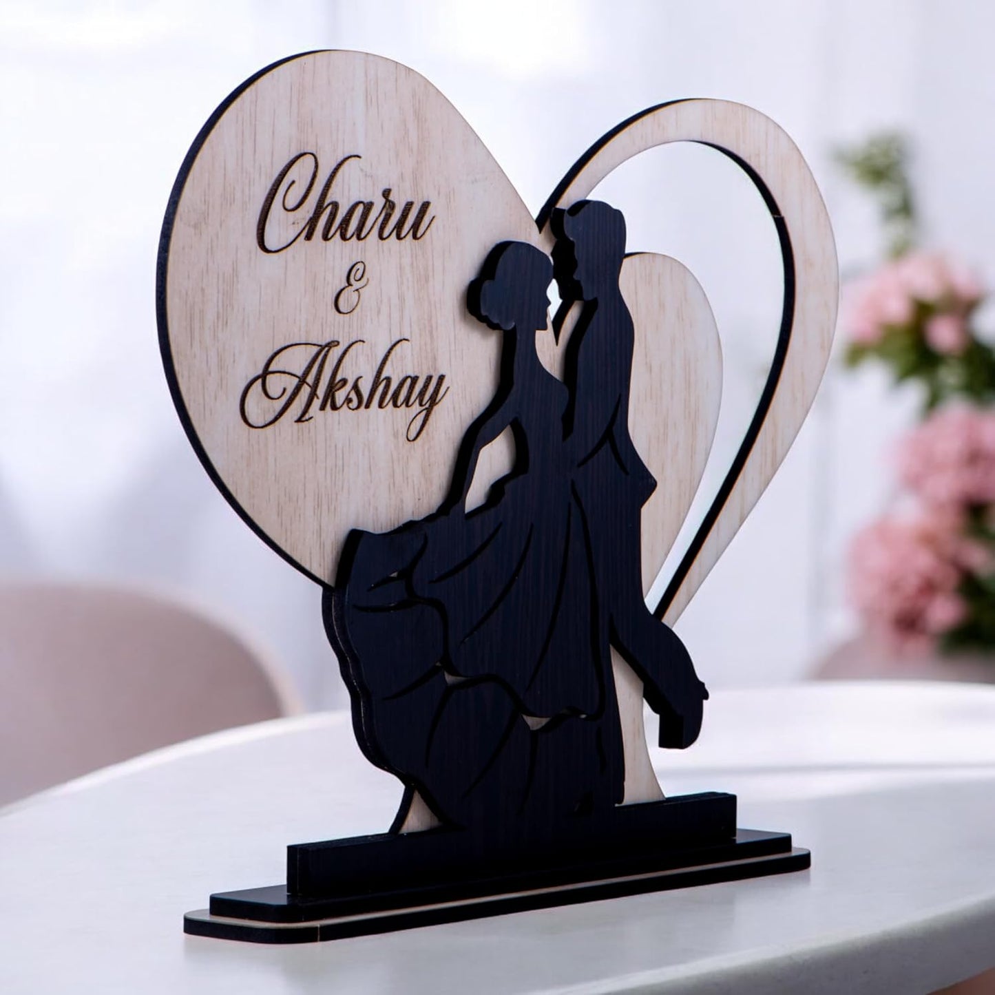 Ramkudi Jhamkudi™ Personalized Heart Couple Wooden Showpiece with Name | Dual Layer Romantic Décor | Valentine, Anniversary & Wedding Gift for Girlfriend, Boyfriend & Couples