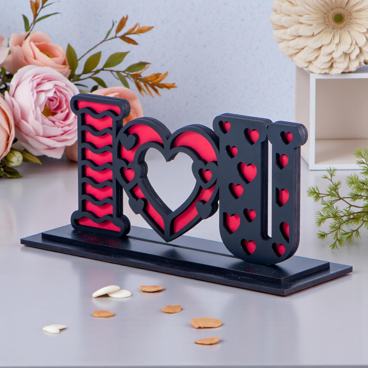 I Love You Tabletop Standy | Dual Layered Engineered MDF Decorative Showpiece | Romantic Heart Letter Desk & Table Decor | Gift for Valentine, Anniversary & Birthday
