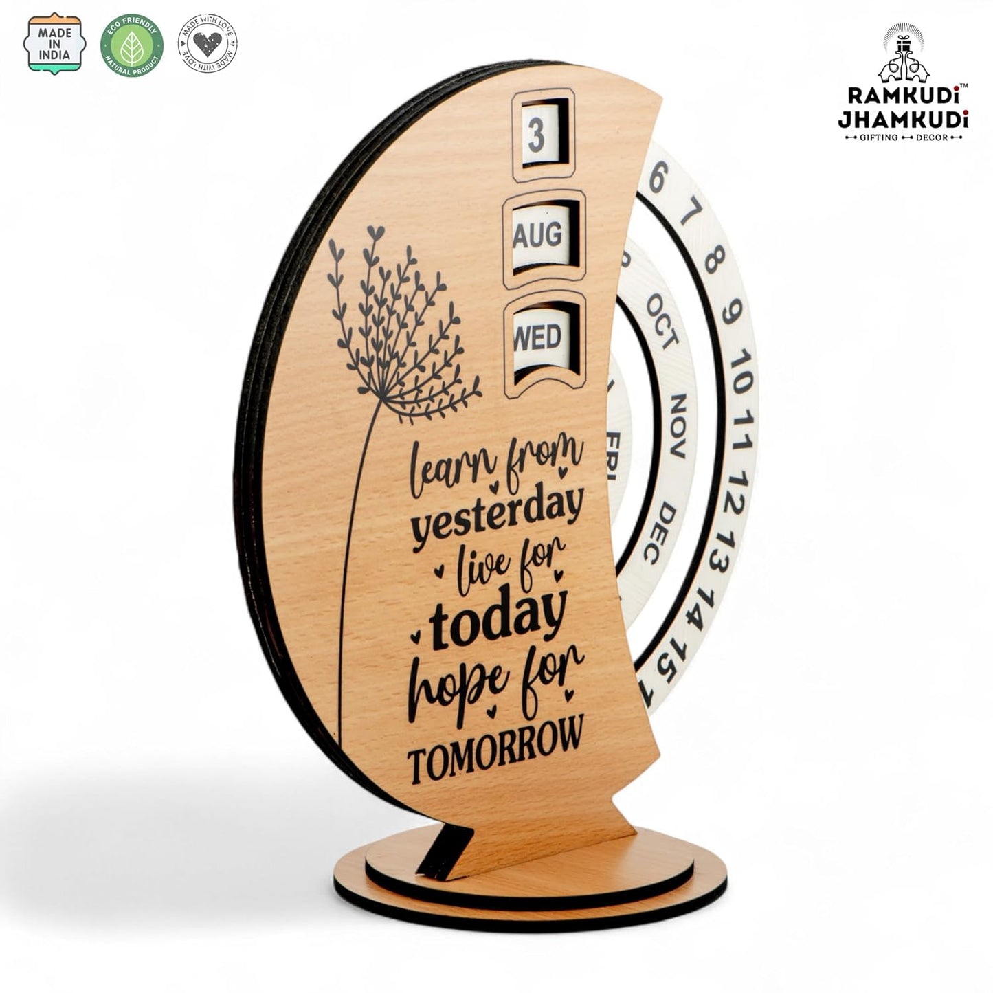 Ramkudi Jhamkudi Wooden Perpetual Calendar for Desk | Motivational Quote Prints | Made in India | Reusable Lifetime Table Calendar for Office, Study, Gifting | Minimal Aesthetic Decor Piece (DESIGN C)