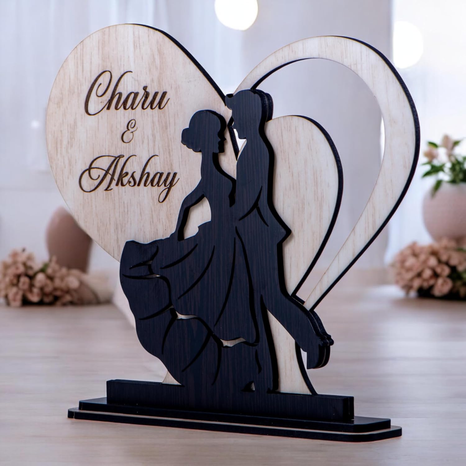 Ramkudi Jhamkudi™ Personalized Heart Couple Wooden Showpiece with Name | Dual Layer Romantic Décor | Valentine, Anniversary & Wedding Gift for Girlfriend, Boyfriend & Couples