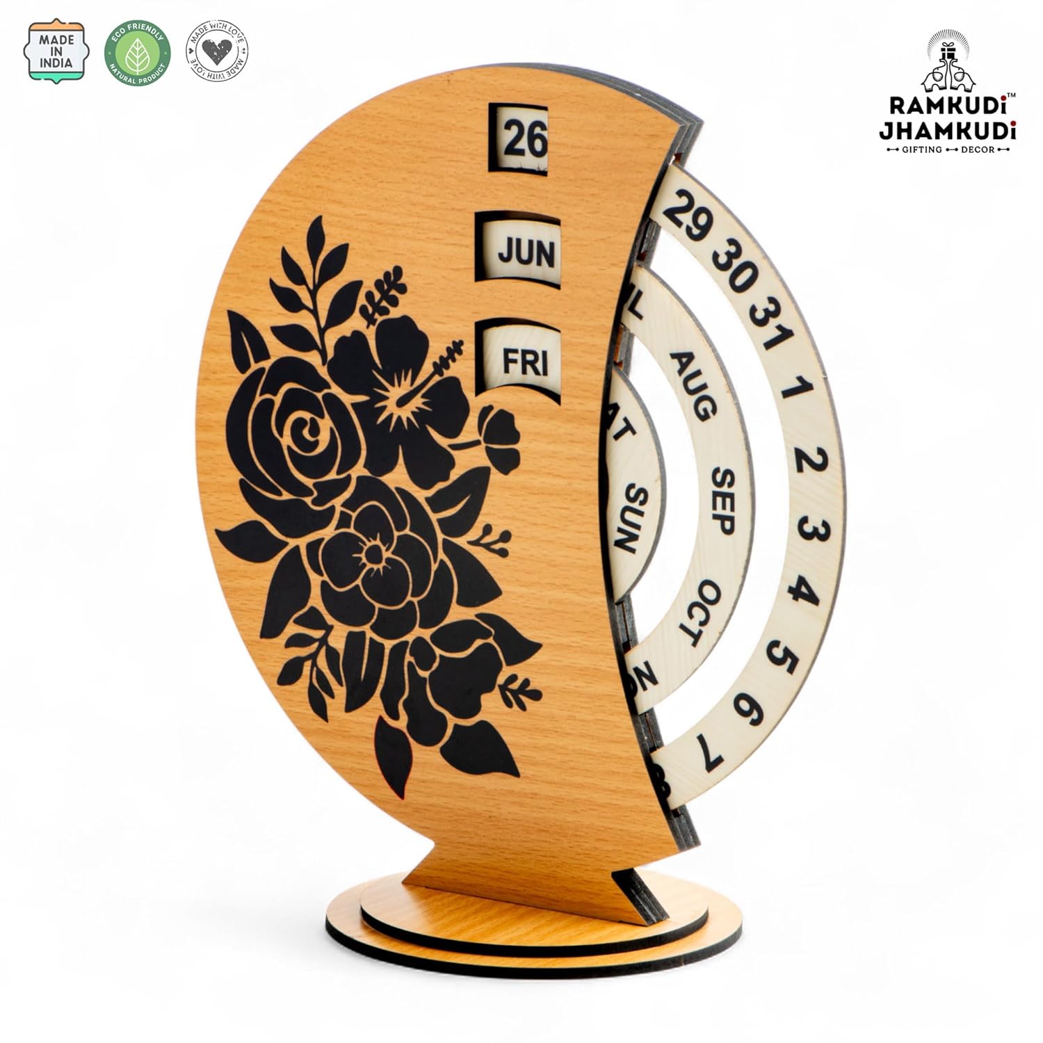 Ramkudi Jhamkudi Wooden Perpetual Calendar for Desk | Floral Print Design | Made in India | Reusable Lifetime Table Calendar for Office, Home, Study, Gifting | Minimal Aesthetic Decor Piece (STYLE A)