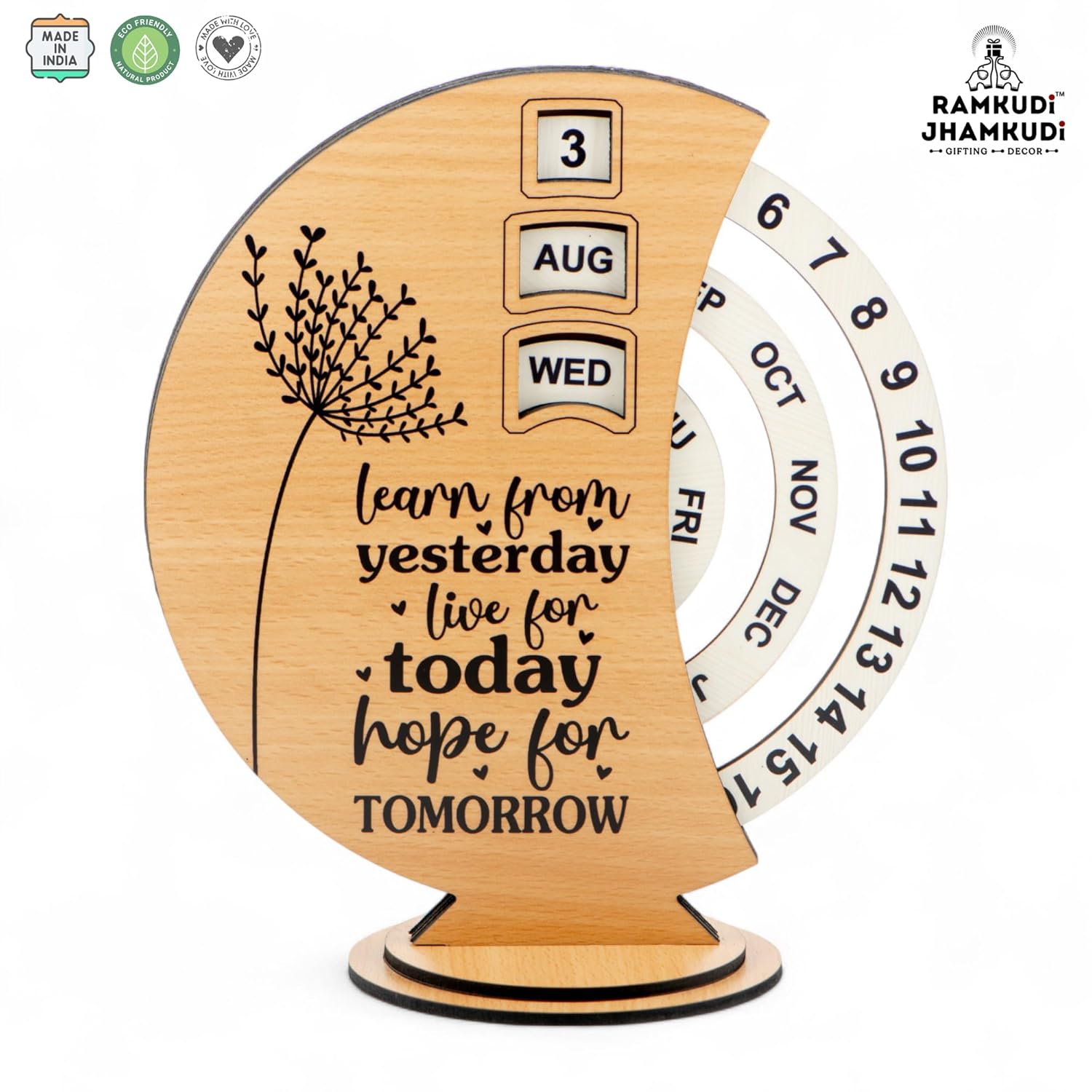 Ramkudi Jhamkudi Wooden Perpetual Calendar for Desk | Motivational Quote Prints | Made in India | Reusable Lifetime Table Calendar for Office, Study, Gifting | Minimal Aesthetic Decor Piece (DESIGN C)