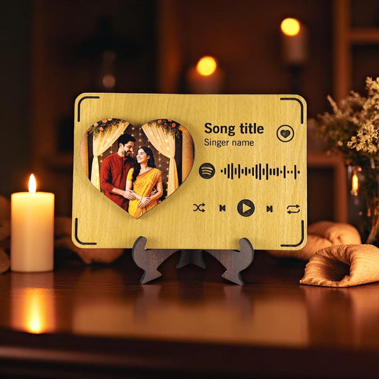 RAMKUDI JHAMKUDI Personalized Wooden Spotify Photo Frame with Song Name, Scannable Code, Custom Picture, Music Plaque, Engraved Stand Gift for Birthday, Anniversary, Couple, Friend