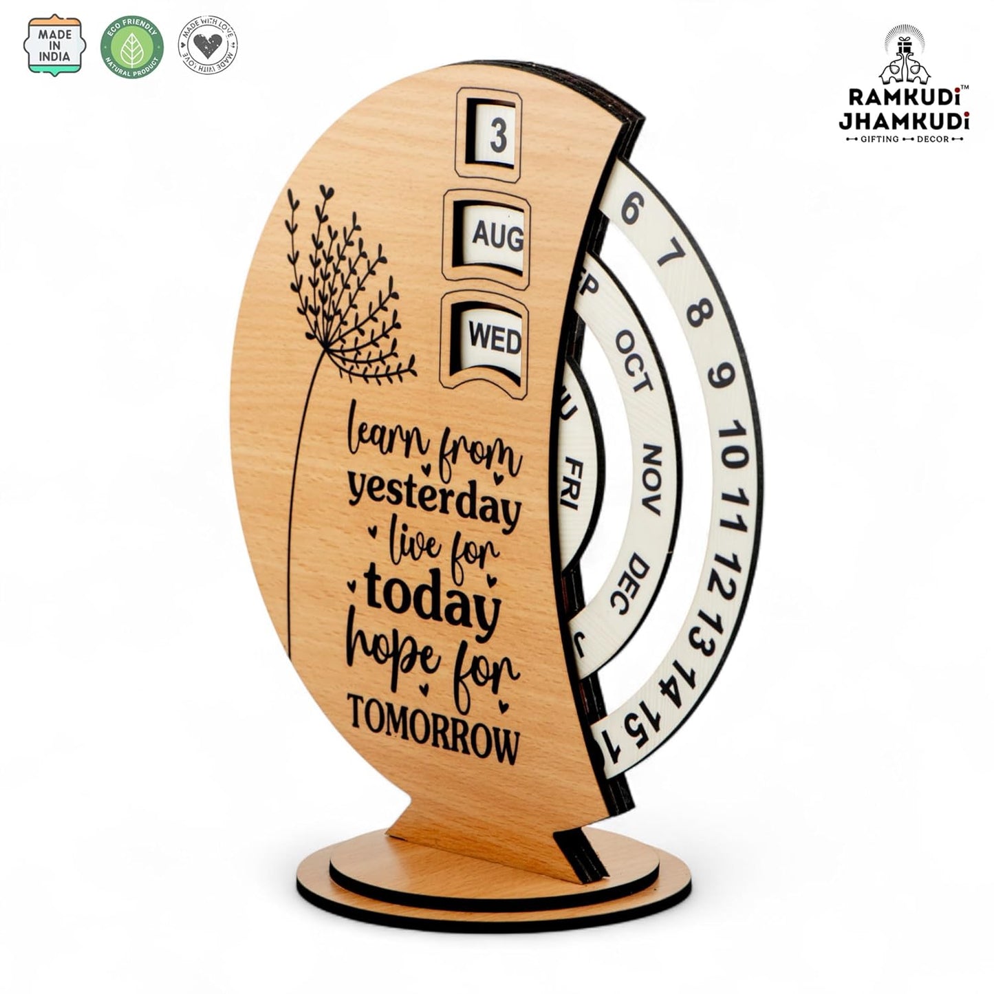 Ramkudi Jhamkudi Wooden Perpetual Calendar for Desk | Motivational Quote Prints | Made in India | Reusable Lifetime Table Calendar for Office, Study, Gifting | Minimal Aesthetic Decor Piece (DESIGN C)