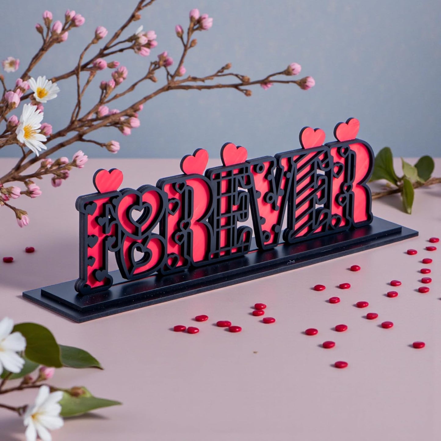 Forever Love Wooden Standy | Dual Layered MDF Tabletop Showpiece | Romantic Letter Stand Decor | Gift for Valentine, Anniversary, Wedding, Birthday