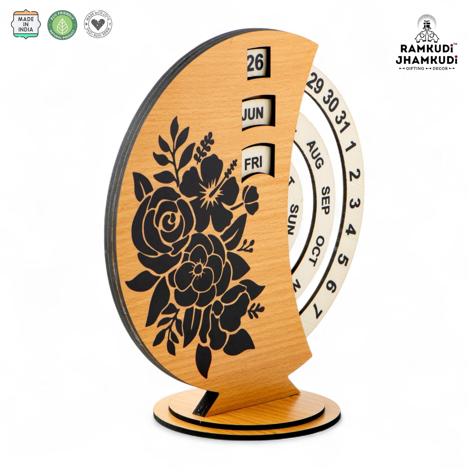 Ramkudi Jhamkudi Wooden Perpetual Calendar for Desk | Floral Print Design | Made in India | Reusable Lifetime Table Calendar for Office, Home, Study, Gifting | Minimal Aesthetic Decor Piece (STYLE A)