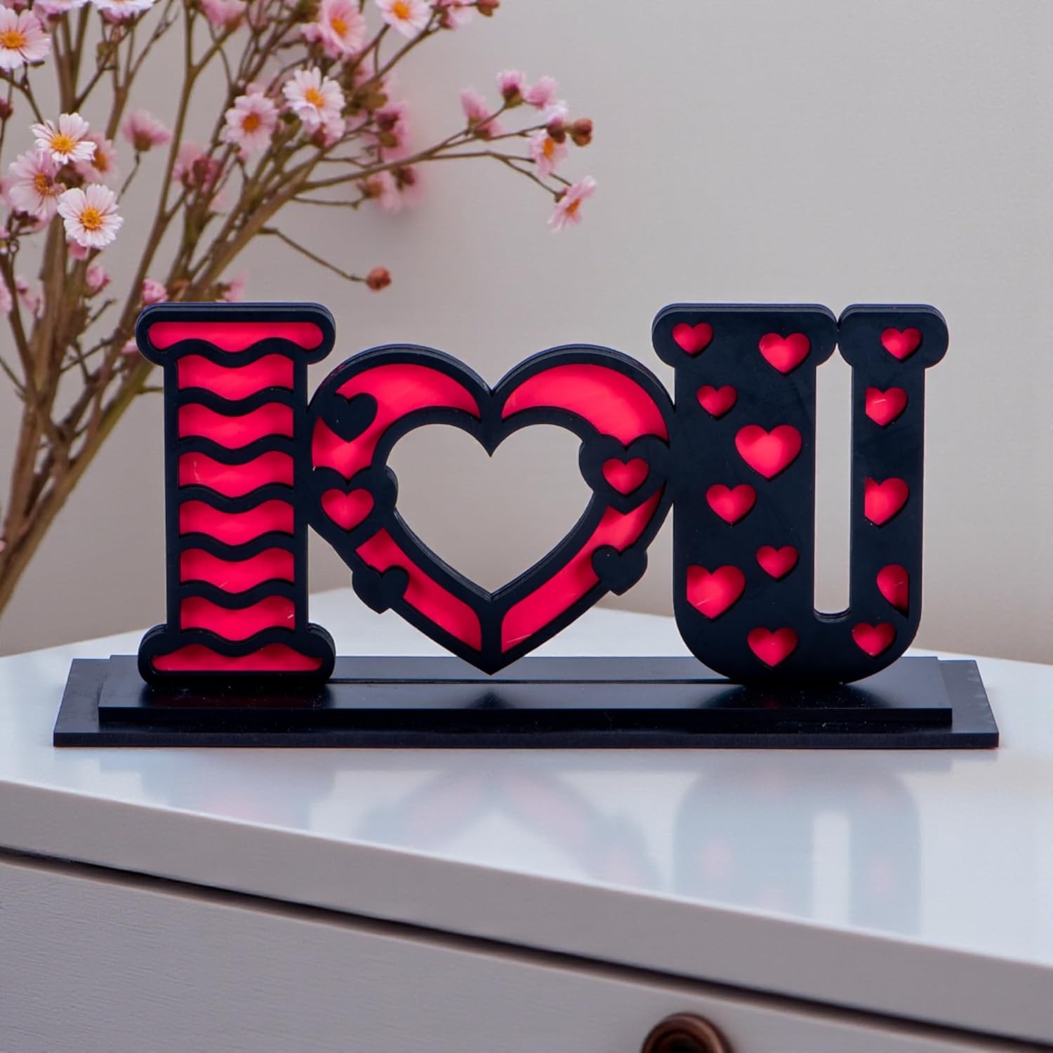 I Love You Tabletop Standy | Dual Layered Engineered MDF Decorative Showpiece | Romantic Heart Letter Desk & Table Decor | Gift for Valentine, Anniversary & Birthday