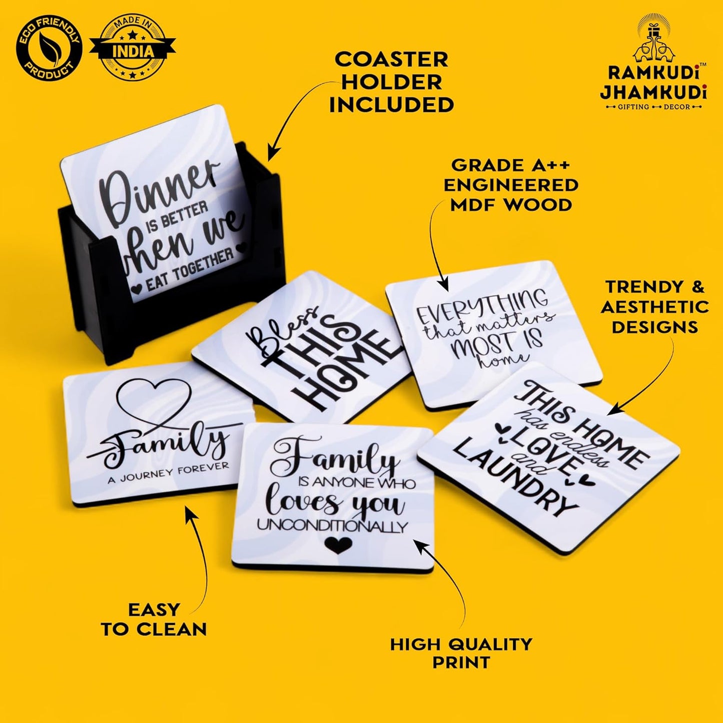 Wooden Coasters Set of 6 with Holder | Home & Family Quote Coasters for Tea Coffee | Heartwarming Drink Mats for Living Room & Dining | Made in India | Gift for Housewarming & Loved Ones