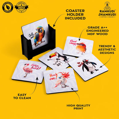 Wooden Coasters Set of 6 with Holder | Cool Bird-Themed Tea Coffee Coasters | Colorful Table Mats for Home & Kitchen | Eco-Friendly | Made in India | Nature-Inspired Gift for Bird Lovers