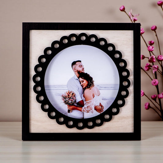 Personalized Round Wooden Photo Frame | Tabletop & Wall Hanging Décor | Engineered MDF Frame | Anniversary, Wedding & Valentine Gift