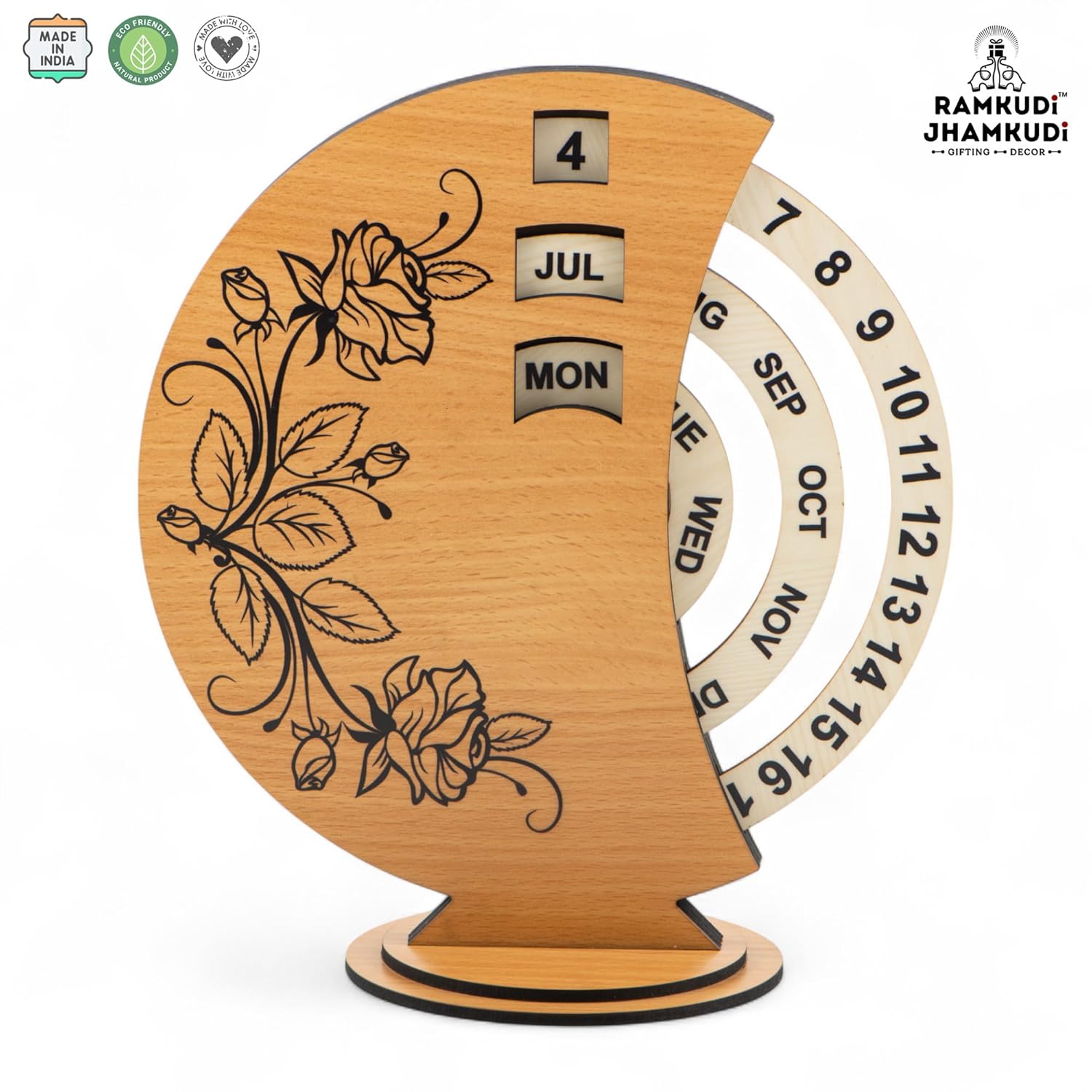 Ramkudi Jhamkudi Wooden Perpetual Calendar for Desk | Floral Print Design | Made in India | Reusable Lifetime Table Calendar for Office, Home, Study, Gifting | Minimal Aesthetic Decor Piece (STYLE C)