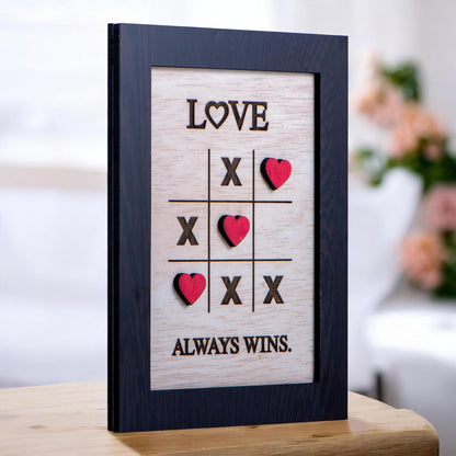 Love Always Wins Mini MDF Decor Frame | Heart & Tic-Tac-Toe Design Decorative Frame for Wall & Table | Cute Romantic Home Decor | Gift for Valentine, Anniversary, Birthday