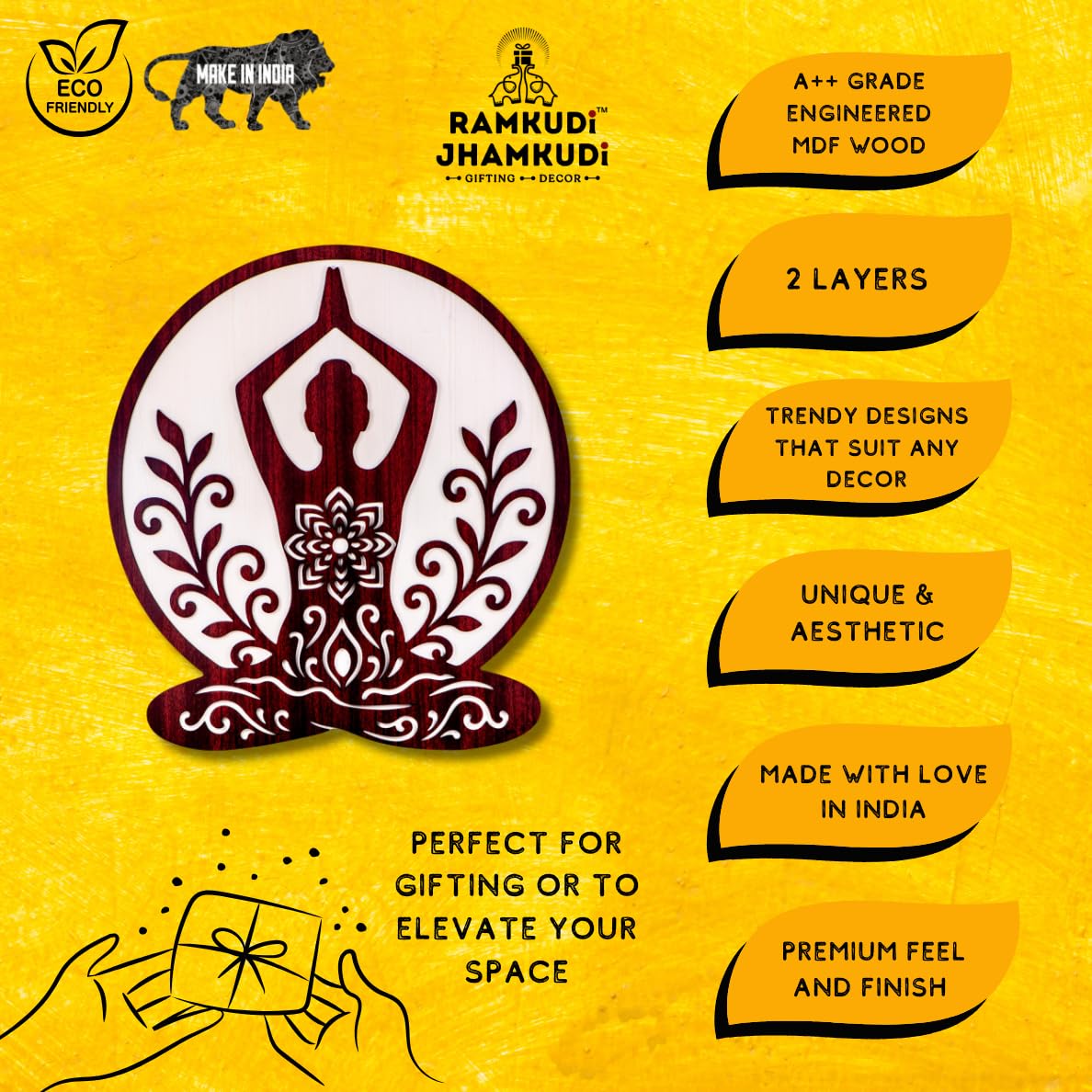 Ramkudi Jhamkudi™ Meditation Yoga Wall Art – 2 Layer MDF Wooden Spiritual Wall Décor | Zen Boho Design for Home, Office, Yoga Room, Studio, Puja Corner | Made in India
