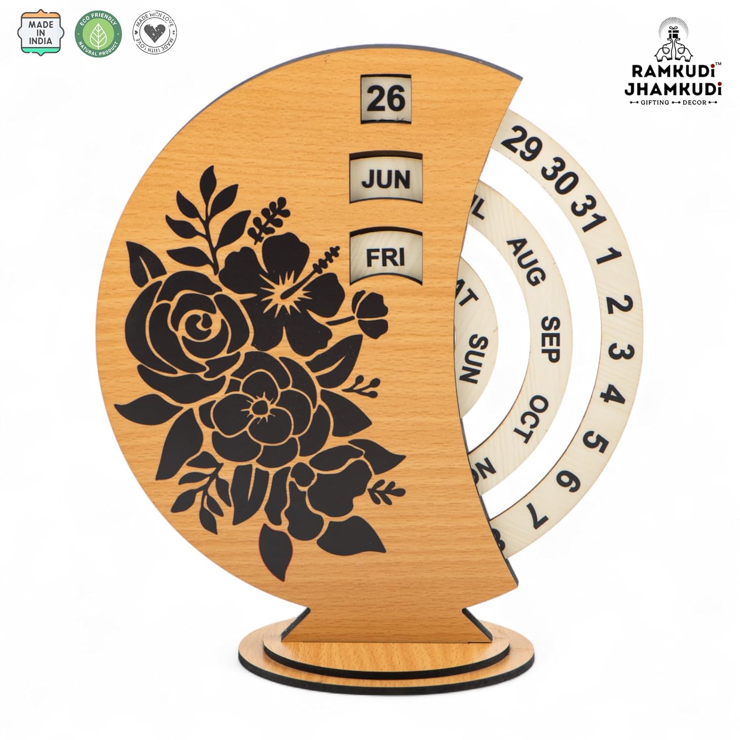 Ramkudi Jhamkudi Wooden Perpetual Calendar for Desk | Floral Print Design | Made in India | Reusable Lifetime Table Calendar for Office, Home, Study, Gifting | Minimal Aesthetic Decor Piece (STYLE A)