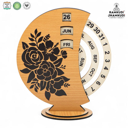 Ramkudi Jhamkudi Wooden Perpetual Calendar for Desk | Floral Print Design | Made in India | Reusable Lifetime Table Calendar for Office, Home, Study, Gifting | Minimal Aesthetic Decor Piece (STYLE A)