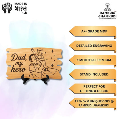 Ramkudi Jhamkudi™ Father’s Plaque | Fun & Trendy Engraved Wooden Desk Plaque with Stand | Premium MDF, Unique Dad Design | Gift for Dad, Father’s Day, Birthday | Made in India