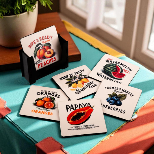 Wooden Coasters Set of 6 with Holder | Fruit & Berry-Themed Coasters for Tea Coffee | Vibrant Table Mats for Kitchen & Dining | Eco-Friendly | Made in India | Colorful Gift for Food & Nature Lovers