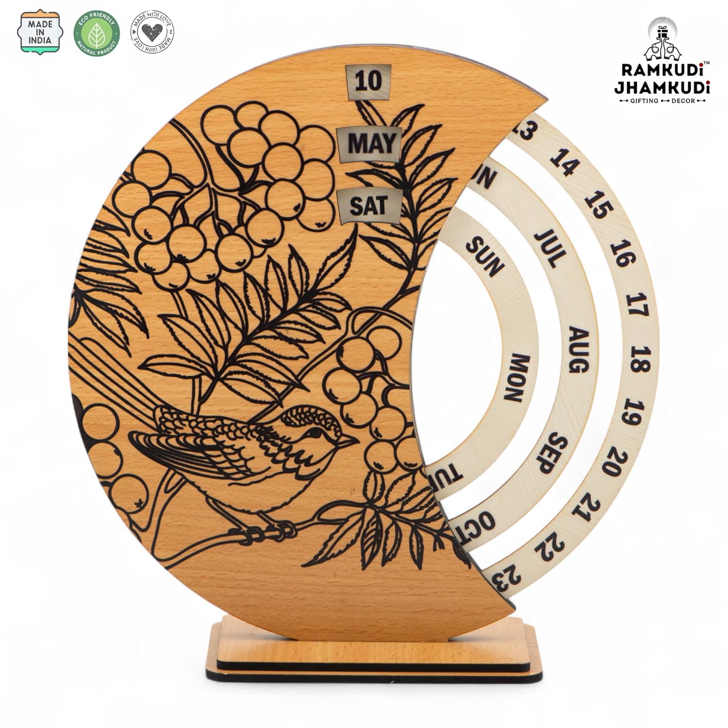 Ramkudi Jhamkudi Wooden Perpetual Calendar for Desk | Floral Print Design | Made in India | Reusable Lifetime Table Calendar for Office, Home, Study, Gifting | Minimal Aesthetic Decor Piece (STYLE B)