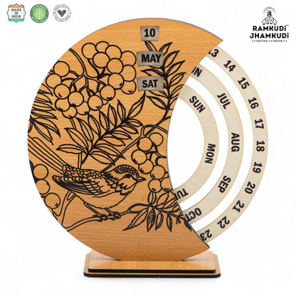 Ramkudi Jhamkudi Wooden Perpetual Calendar for Desk | Floral Print Design | Made in India | Reusable Lifetime Table Calendar for Office, Home, Study, Gifting | Minimal Aesthetic Decor Piece (STYLE B)