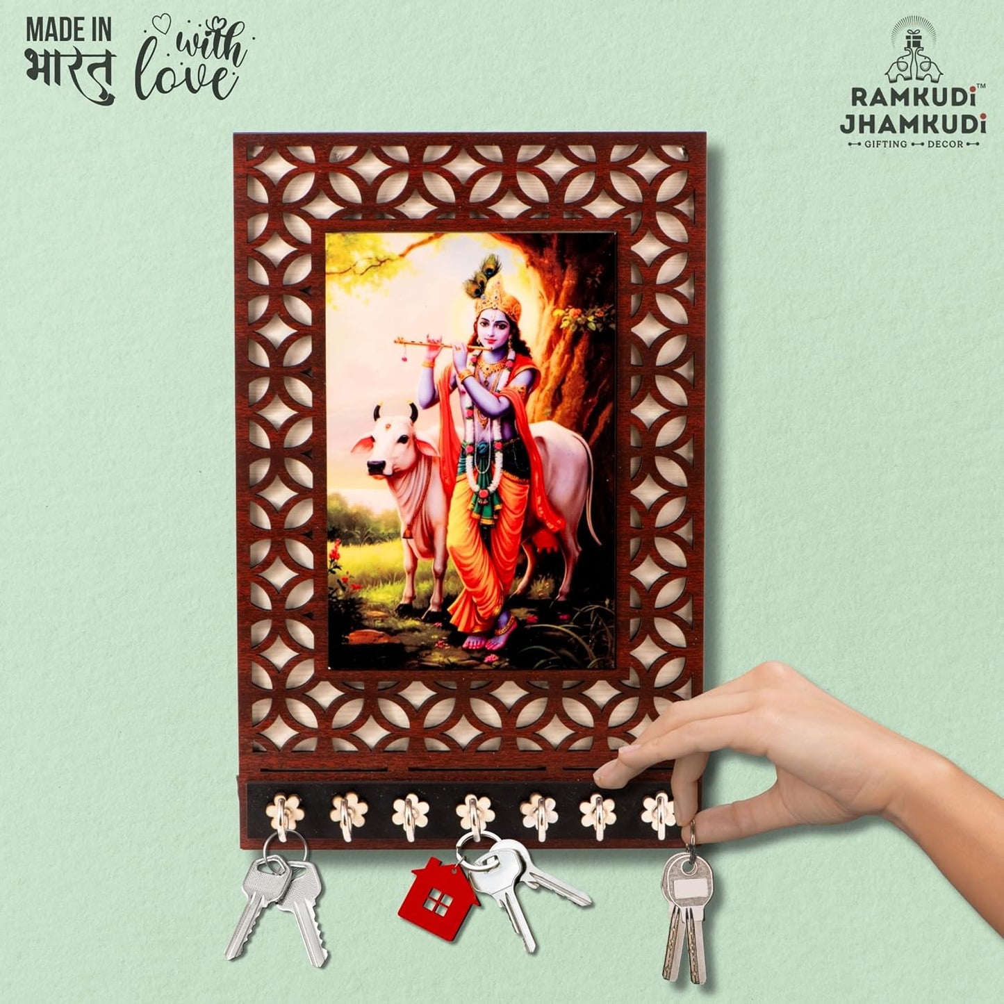 Ramkudi Jhamkudi™ Krishna with Cow Wooden Key Holder – Premium 2 Layer MDF, 7 SS Hooks – Charming Indian Wall Décor & Gifting – Made in India