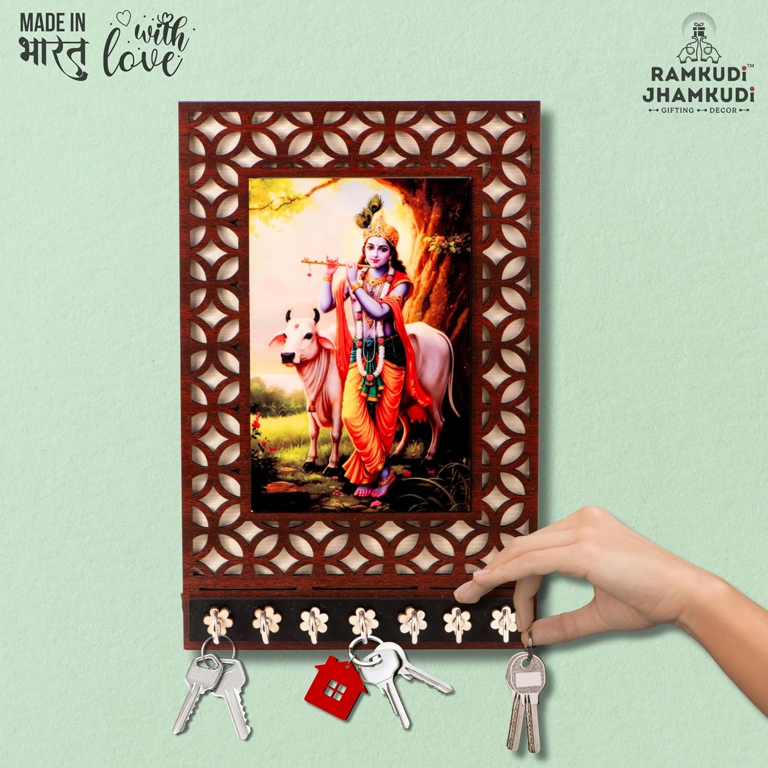 Ramkudi Jhamkudi™ Krishna with Cow Wooden Key Holder – Premium 2 Layer MDF, 7 SS Hooks – Charming Indian Wall Décor & Gifting – Made in India