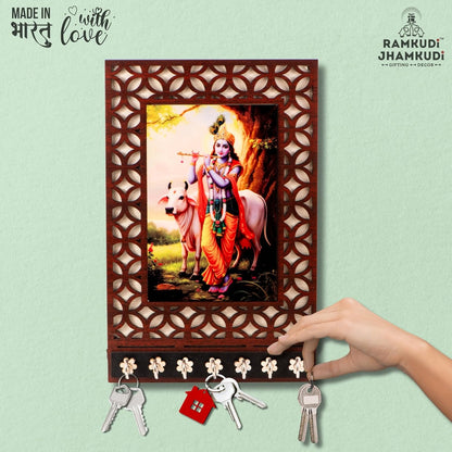 Ramkudi Jhamkudi™ Krishna with Cow Wooden Key Holder – Premium 2 Layer MDF, 7 SS Hooks – Charming Indian Wall Décor & Gifting – Made in India