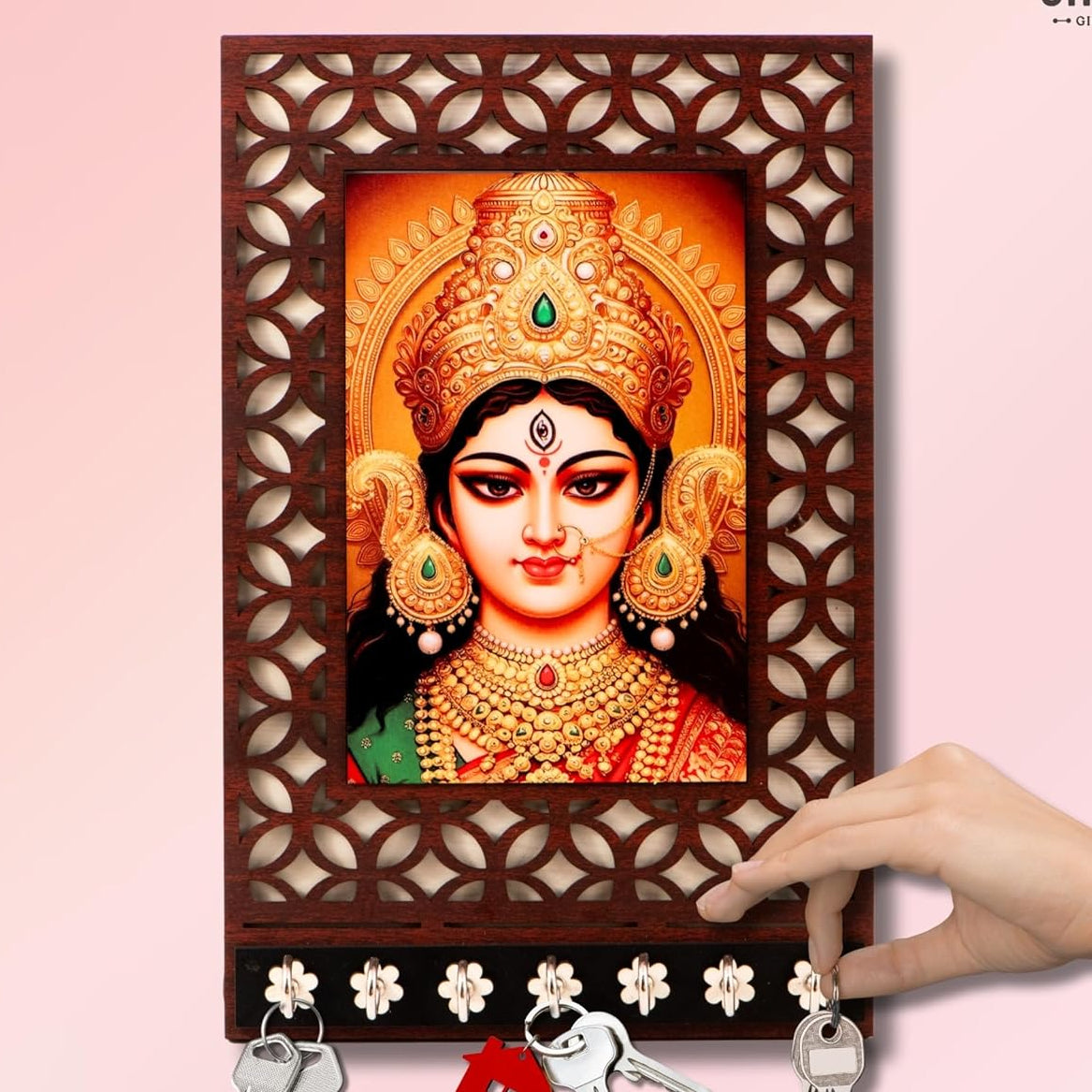 Ramkudi Jhamkudi™ Premium Wooden Maa Durga Face Key Holder for Wall – 2 Layer MDF, 7 Stainless Steel Hooks, Unique Indian Design, Home Decor & Gifting – Made in India