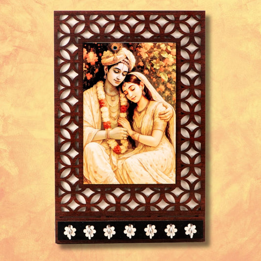 Ramkudi Jhamkudi™ Peaceful Radha Krishna Wooden Key Holder – 2 Layer Premium MDF, 7 SS Hooks – Elegant Spiritual Wall Décor – Made in India