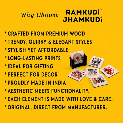 Ramkudi Jhamkudi Wooden Coaster Set – Bloom Happy Quotes Design | Positive, Stylish & Aesthetic Table Decor | Great Gift for Home, Office, Coffee Table | Made in India