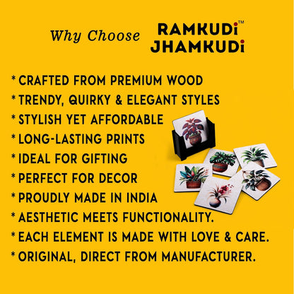 Ramkudi Jhamkudi Wooden Coasters Set of 6 with Holder | Botanical Plant Design Coasters for Tea Coffee Drinks | Eco-Friendly Table Mats | Home Office Décor | Made in India Gift Set