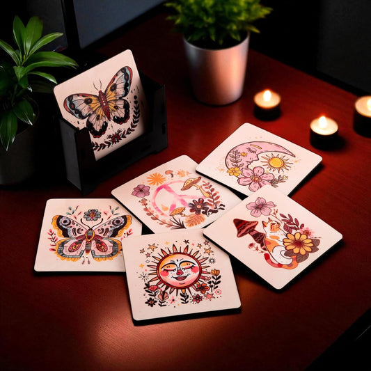 Wooden Coasters Set of 6 with Holder | Boho Style Positive Quote Coasters for Tea Coffee | Aesthetic Table Mats for Home & Office | Eco-Friendly | Made in India | Calm & Cheerful Gift Idea