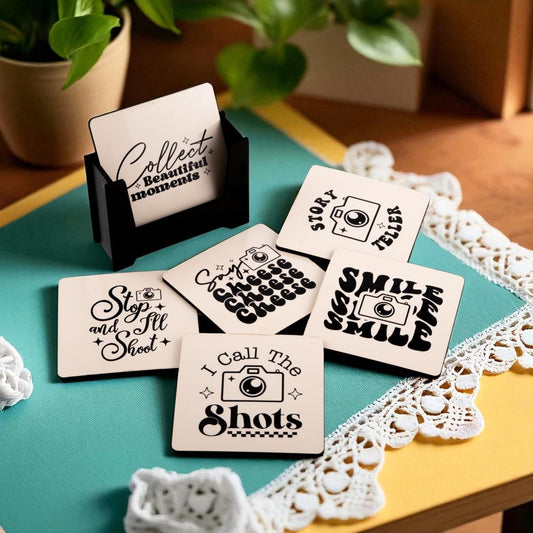Wooden Coasters Set of 6 with Holder | Photography Quote Coasters for Tea Coffee | Camera-Themed Table Mats for Home, Office & Studio | Eco-Friendly | Made in India | Gift for Photographers & Creators