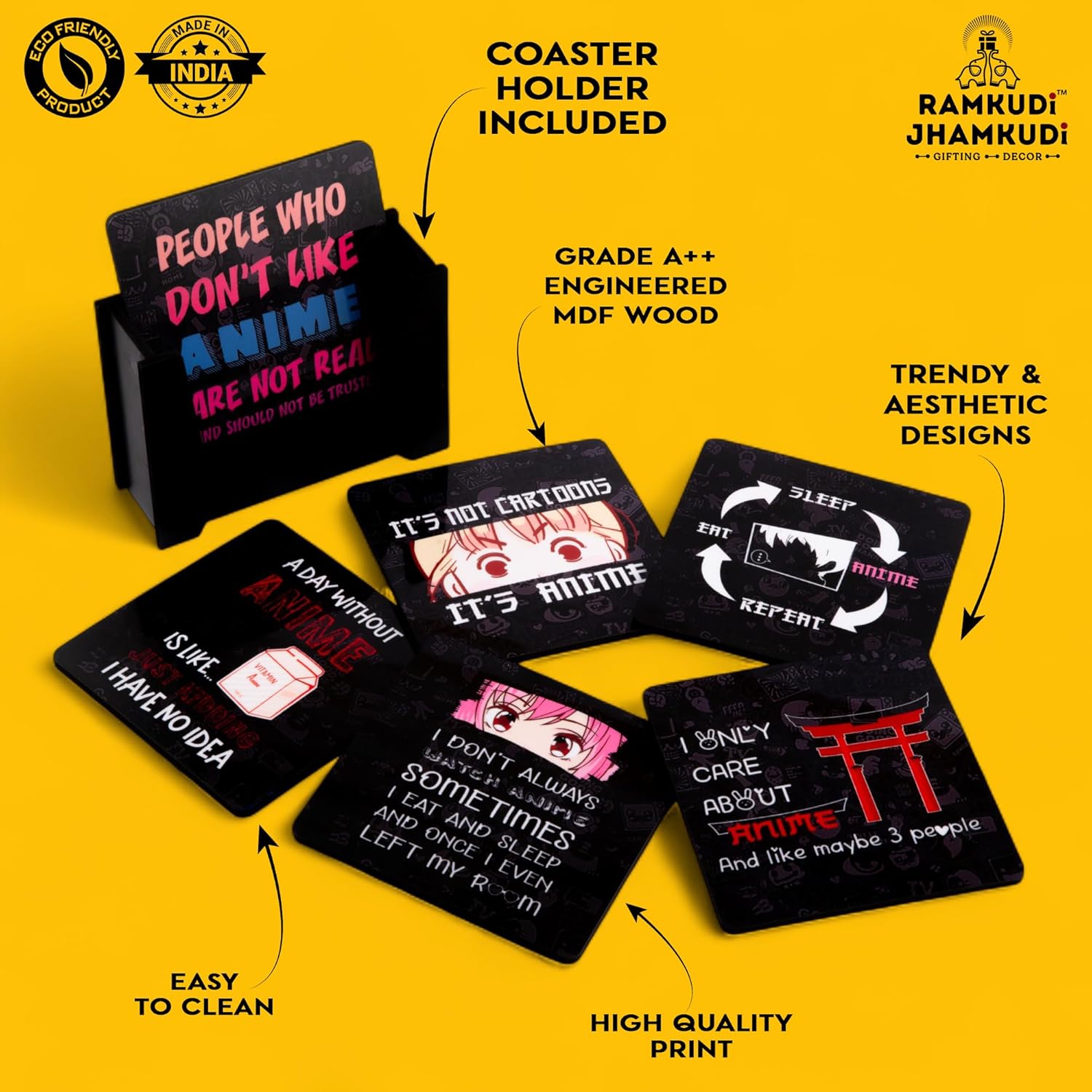 Ramkudi Jhamkudi Anime Wooden Coasters Set of 6 with Holder | Anime Quotes & Designs for Otakus | Stylish Drink Coasters for Tea Coffee | Home Desk Décor | Made in India Gift for Anime Fans