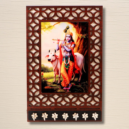 Ramkudi Jhamkudi™ Krishna with Cow Wooden Key Holder – Premium 2 Layer MDF, 7 SS Hooks – Charming Indian Wall Décor & Gifting – Made in India