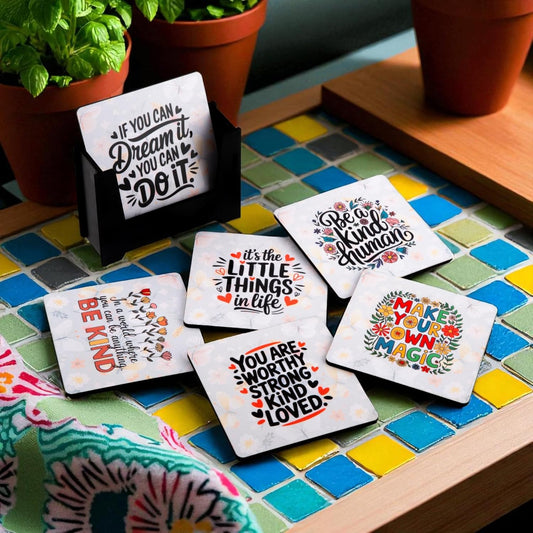 Wooden Coasters Set of 6 with Holder | Positive Motivational Quote Coasters for Tea Coffee | Inspiring Table Mats for Home & Office | Eco-Friendly | Made in India | Gift for Good Vibes