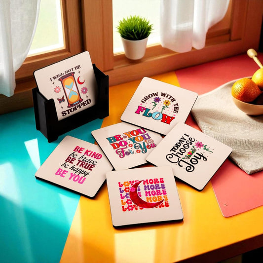 Ramkudi Jhamkudi Wooden Coasters Set of 6 – Motivational & Happy Quotes with Coaster Holder | Eco-Friendly, Positive Vibes Table Decor | Great Gift for Home, Office | Made in India
