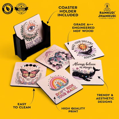Wooden Coasters Set of 6 with Holder | Boho Style Aesthetic Coasters for Tea Coffee | Calm & Minimal Table Mats for Home & Office | Eco-Friendly | Made in India | Peaceful Gift for Mindful Living