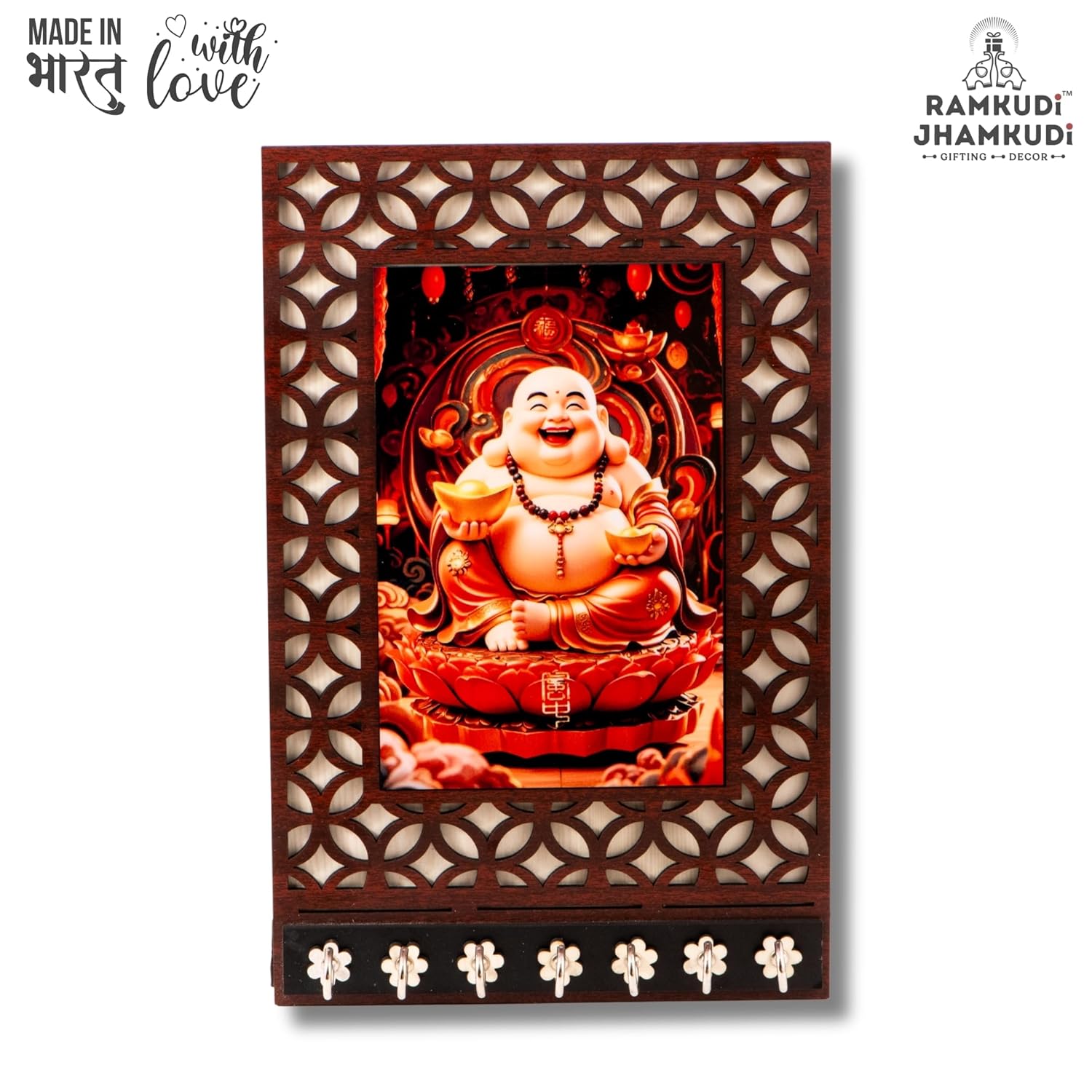 Ramkudi Jhamkudi™ Laughing Buddha Wooden Key Holder – Premium 2 Layer MDF, 7 SS Hooks – Positive Energy Wall Décor & Gifting – Made in India