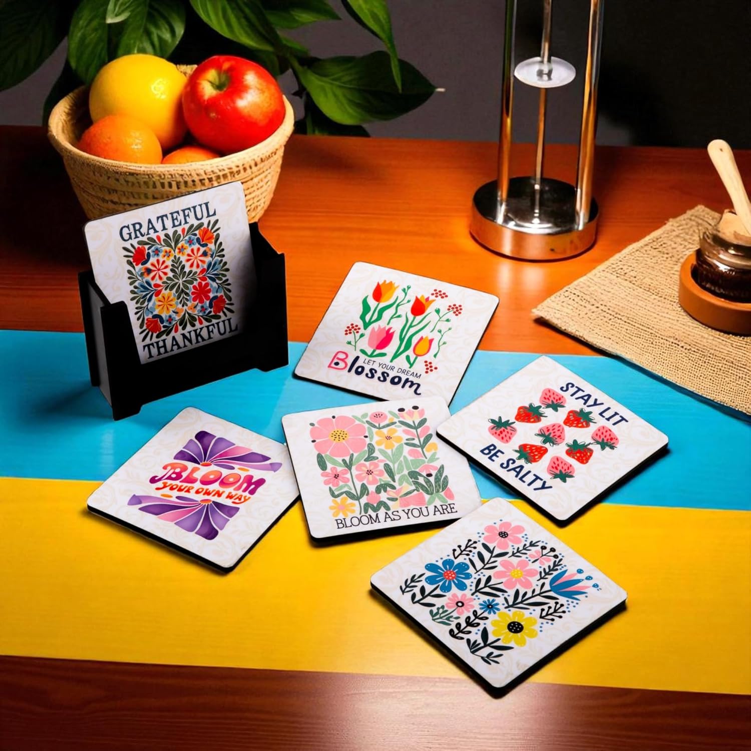 Ramkudi Jhamkudi Wooden Coasters Set of 6 – Floral Style with Positive Quotes & Coaster Holder | Eco-Friendly Aesthetic Table Decor | Great Gift for Home, Office | Made in India