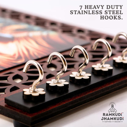 Ramkudi Jhamkudi™ Premium Wooden Radha Krishna Key Holder for Wall – 2 Layer MDF, 7 Stainless Steel Hooks, Unique Indian Design, Home Decor & Gifting – Made in India