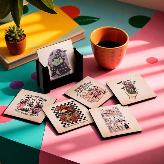 Wooden Coasters Set of 6 with Holder | Spooky Gothic Coasters for Tea Coffee | Dark Aesthetic Drink Mats for Desk, Bar & Home Decor | Eco-Friendly | Made in India | Horror Gift Idea