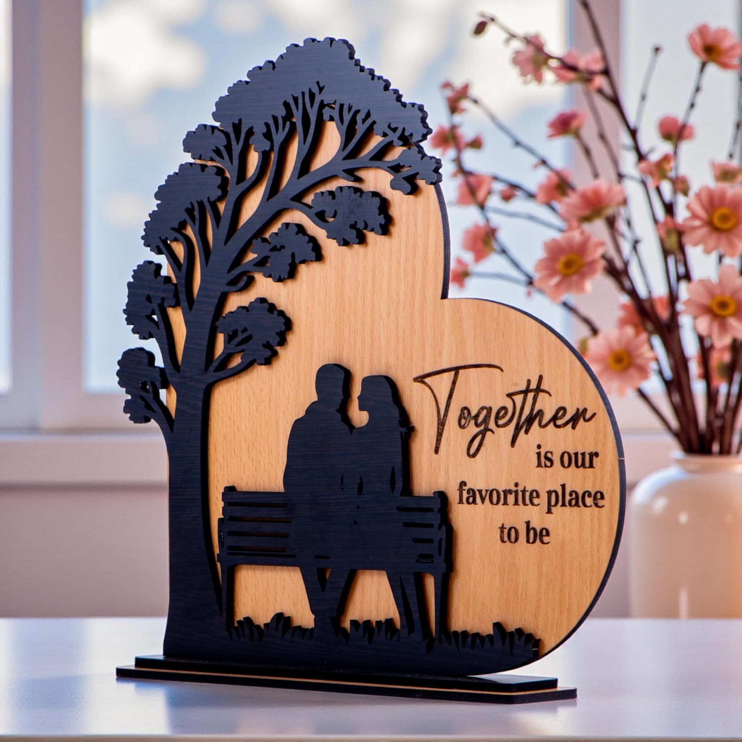 Wooden Couple Tabletop Standy | “Together is Our Favorite Place to Be” Engraved Showpiece | Premium MDF Romantic Table Decor | Gift for Valentine, Anniversary, Wedding