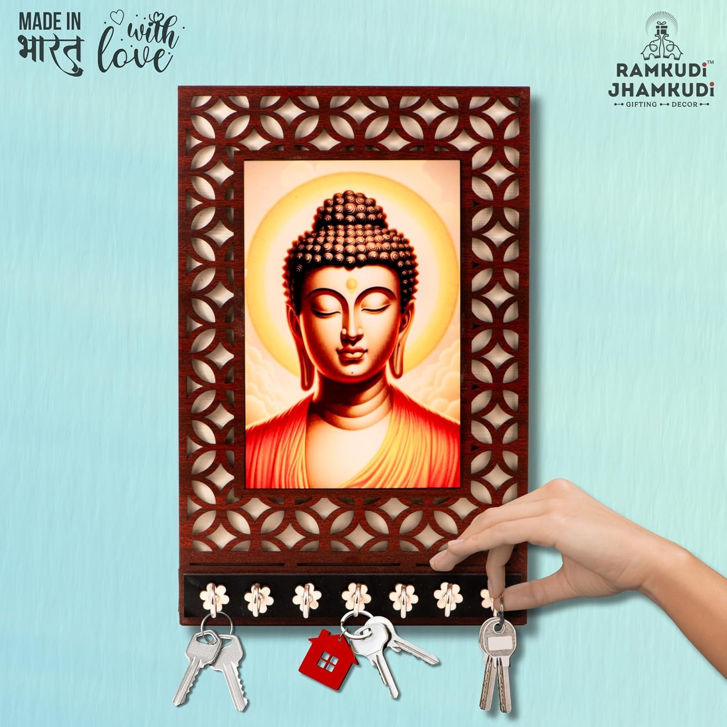 Ramkudi Jhamkudi™ Premium Wooden Buddha Key Holder for Wall – 2 Layer MDF, 7 Stainless Steel Hooks, Unique Spiritual Design, Home Decor & Gifting – Made in India