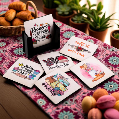 Wooden Coasters Set of 6 with Holder | Baking Quote Coasters for Tea Coffee | Fun Kitchen-Themed Table Mats for Home & Bake Lovers | Eco-Friendly | Made in India | Gift for Bakers & Foodies