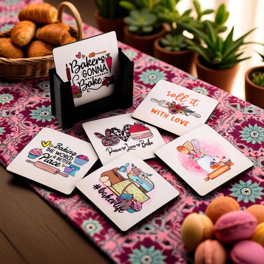 Wooden Coasters Set of 6 with Holder | Baking Quote Coasters for Tea Coffee | Fun Kitchen-Themed Table Mats for Home & Bake Lovers | Eco-Friendly | Made in India | Gift for Bakers & Foodies