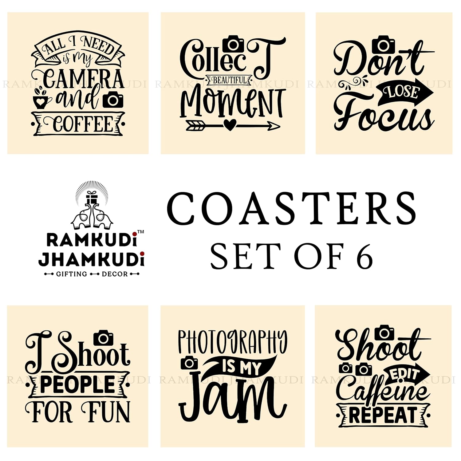 Ramkudi Jhamkudi Wooden Coasters Set of 6 with Holder | Photography Quote Coasters for Tea Coffee | Gift for Photographers & Creators | Desk & Table Décor | Made in India Drink Mats