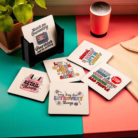 Motivational Wooden Coasters Set of 6 with Holder | Inspirational Quote Coasters for Tea Coffee | Uplifting Table Decor for Office & Home | Eco-Friendly | Made in India | Gift for Positivity Lovers